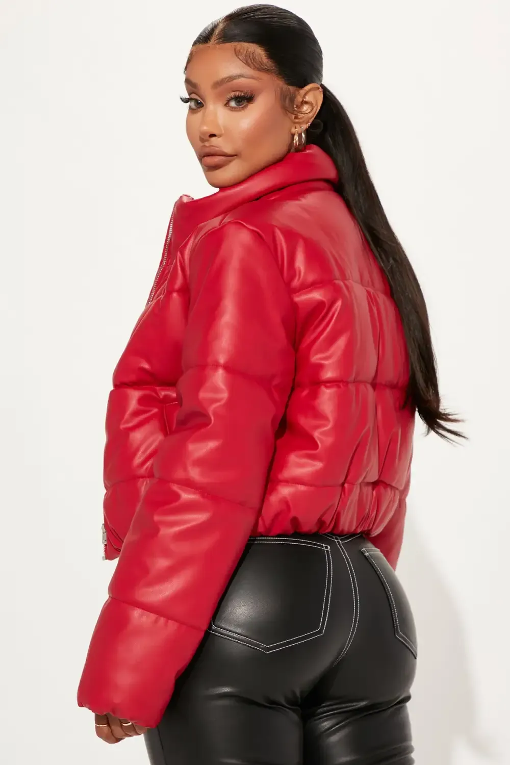 Vixen Faux Leather Puffer Jacket - Red