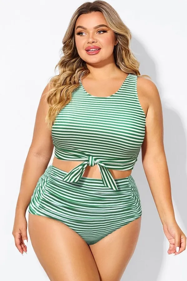 Plus Size Green Stripe Knotted Crop Bikini Top