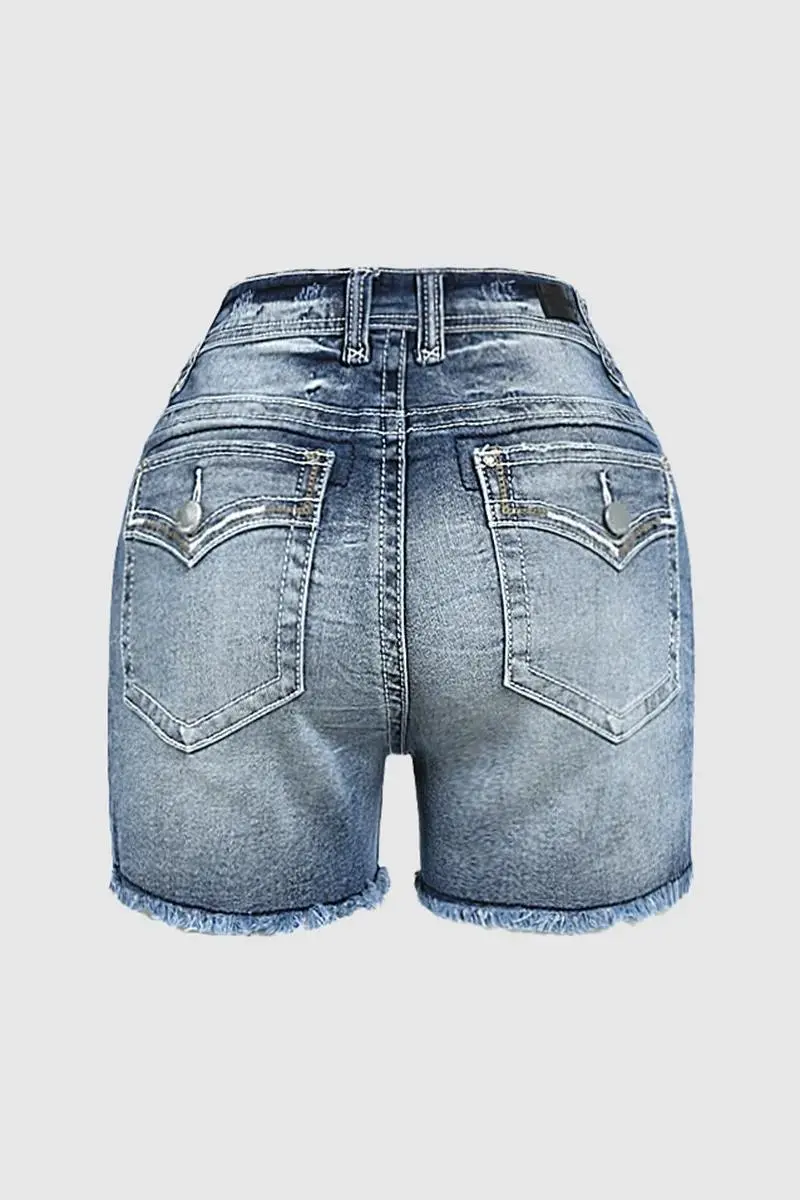 Wash Raw Hem Flap Pocket Mid Rise Denim Shorts