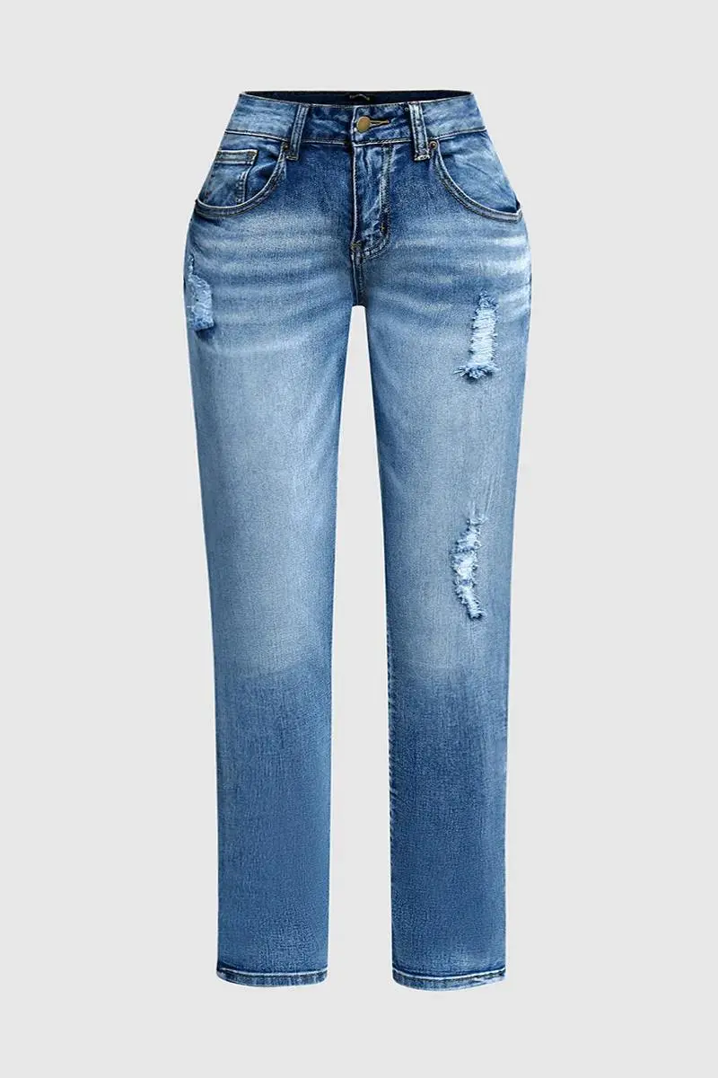 Washed Ripped Roll Hem Low Rise Skinny Jeans