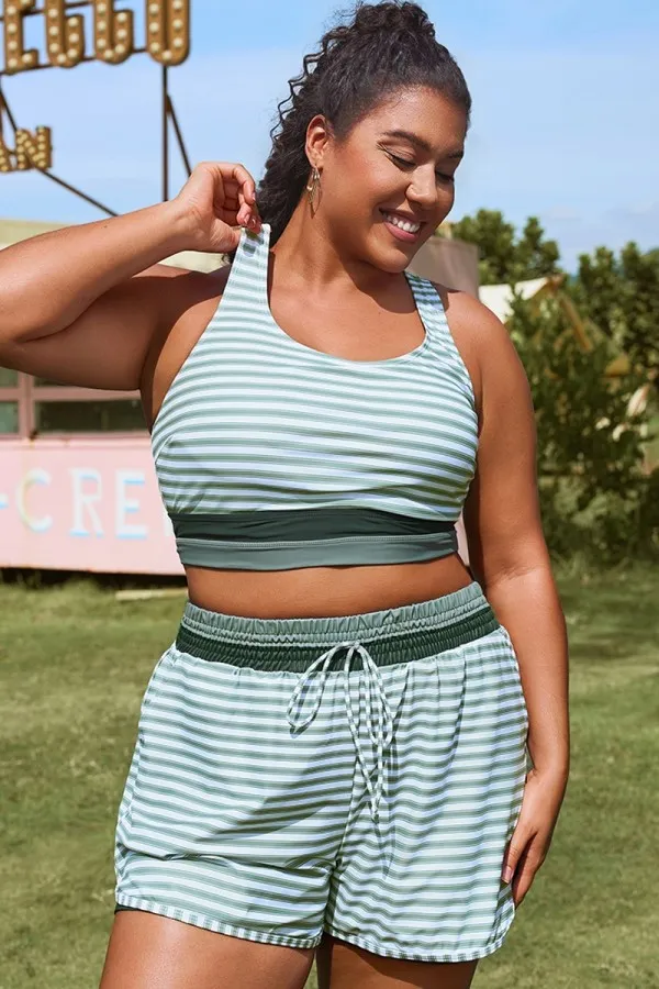 Plus Size Round Neck Black Patchwork Bikini Top