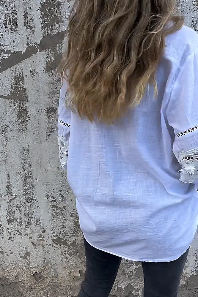 Women's solid color cotton and linen hollow out shirt