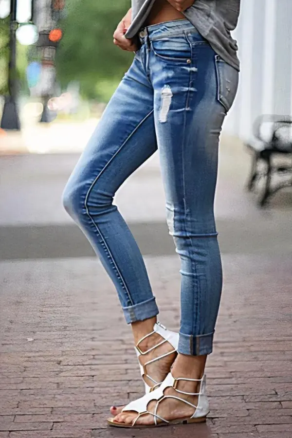 Washed Ripped Roll Hem Low Rise Skinny Jeans