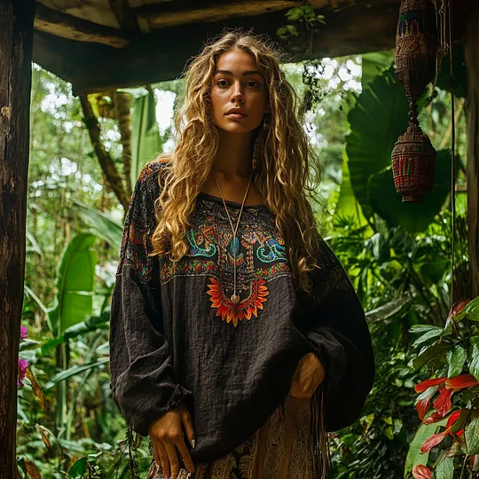 Retro Bohemian Resort Art Embroidery Print Cotton And Linen Blend Loose Blouse