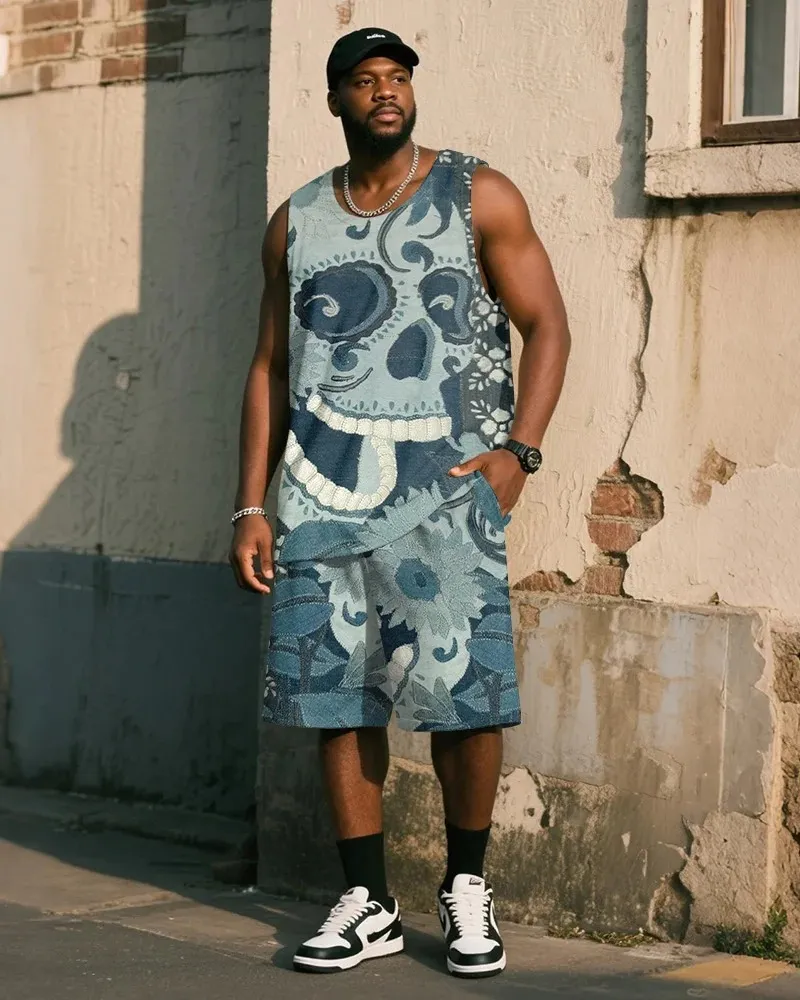 Big & Tall Men's Skull Print Vest and Shorts Suit