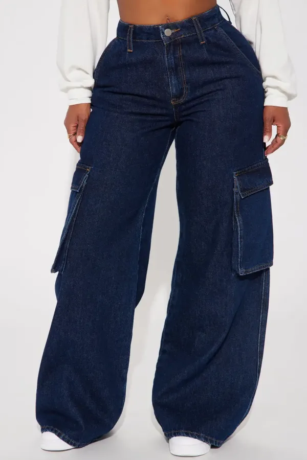 Hide The Goods Baggy Cargo Jeans - Dark Wash
