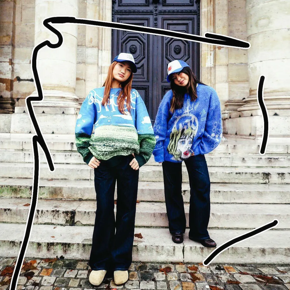 Blue Sweater Renaissance Street Wear Fashion Printing Seasonal Trend Special Design