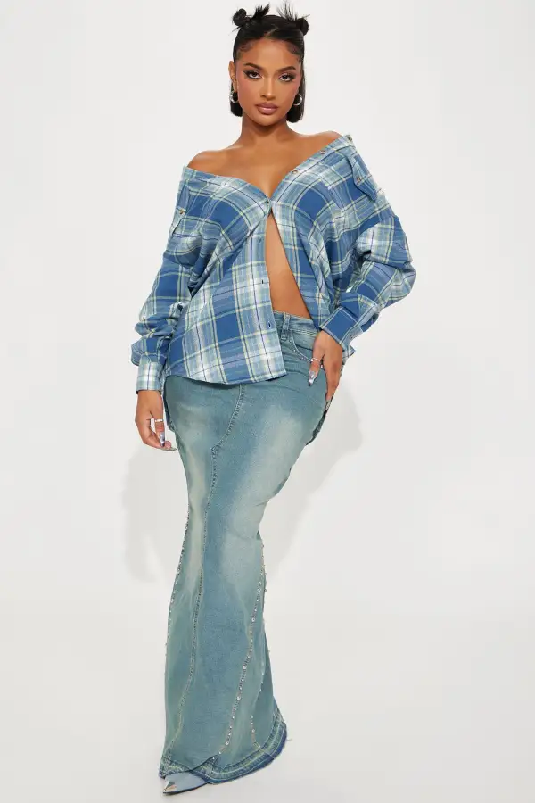 Pretty in Plaid Oversized Flannel Top - Blue/combo