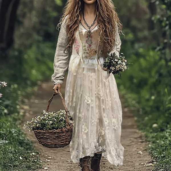 Retro Floral Lace Embroidery Art Linen Blend Maxi Dress