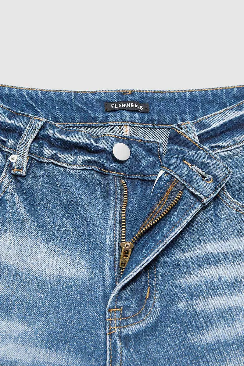 Wash Ripped Raw Hem Mid Rise Crop Jeans