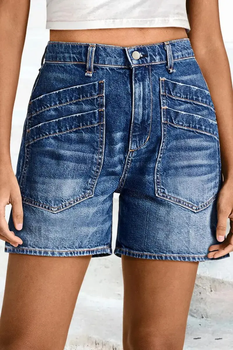Wash Stitch Detail Layered Pocket High Waist Denim Mid Thigh Shorts