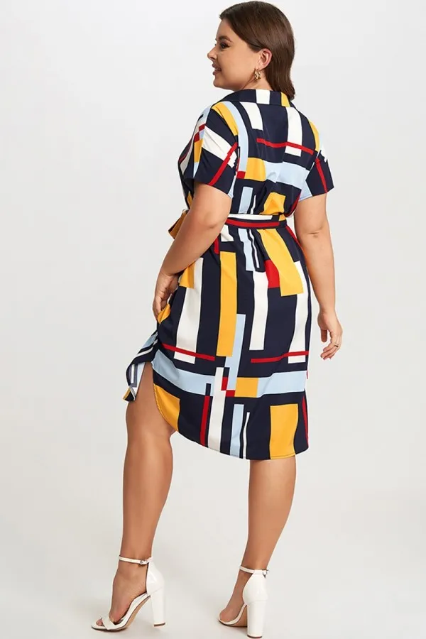 Print Color Block Dolman Sleeve Belted Plus Size Midi Dress
