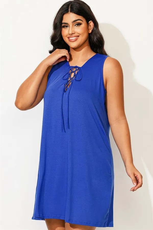 Blue Sleeveless V-Neck Lace Up Cover Up Dress