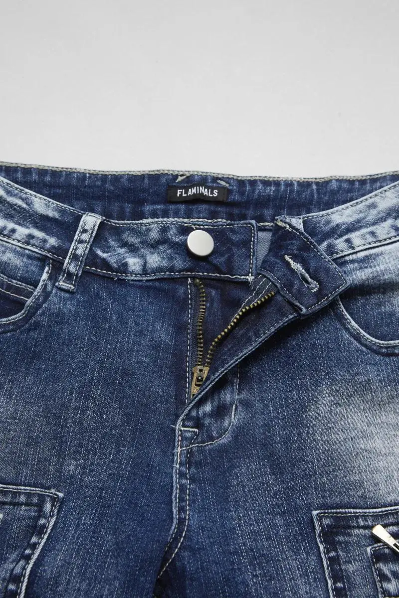 Zip Pocket Roll Hem Mid Waist Crop Jeans Without Belt