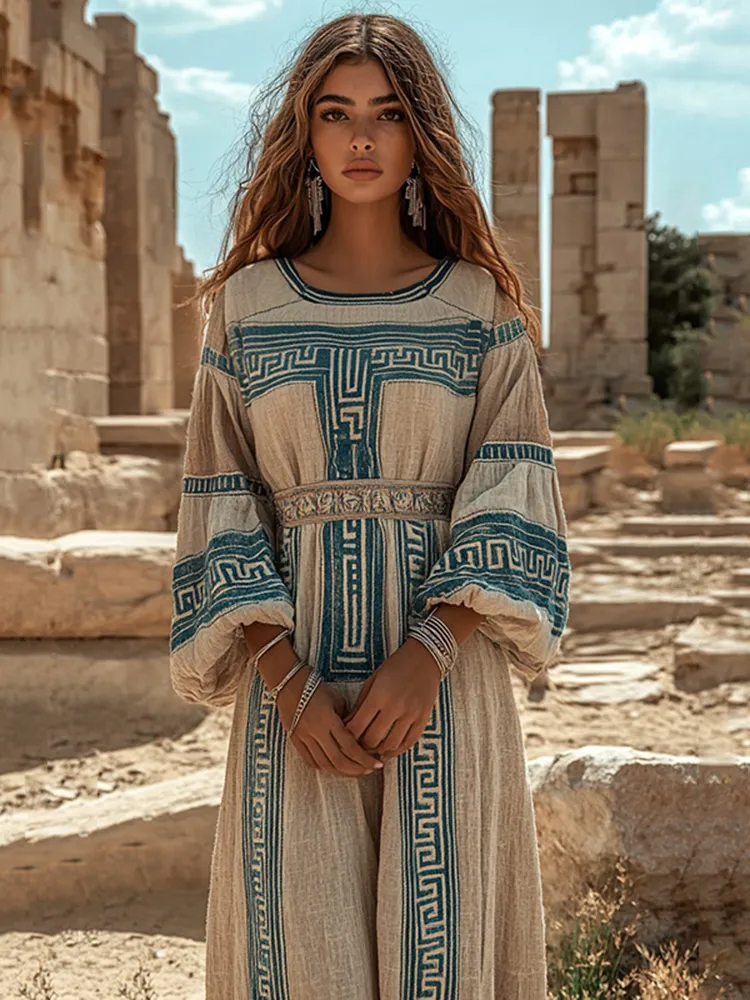 Retro Greek Key Crew Neck Linen Blend Maxi Dress