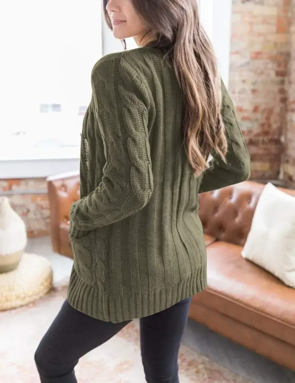 MEROKEETY Women's 2024 Fall Long Sleeve Cable Knit Sweater Open Front Cardigan Button Loose Outerwear