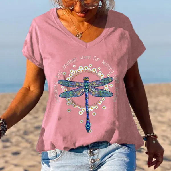 Letter Print & Dragonfly Pattern Print Women V-neck Blouse
