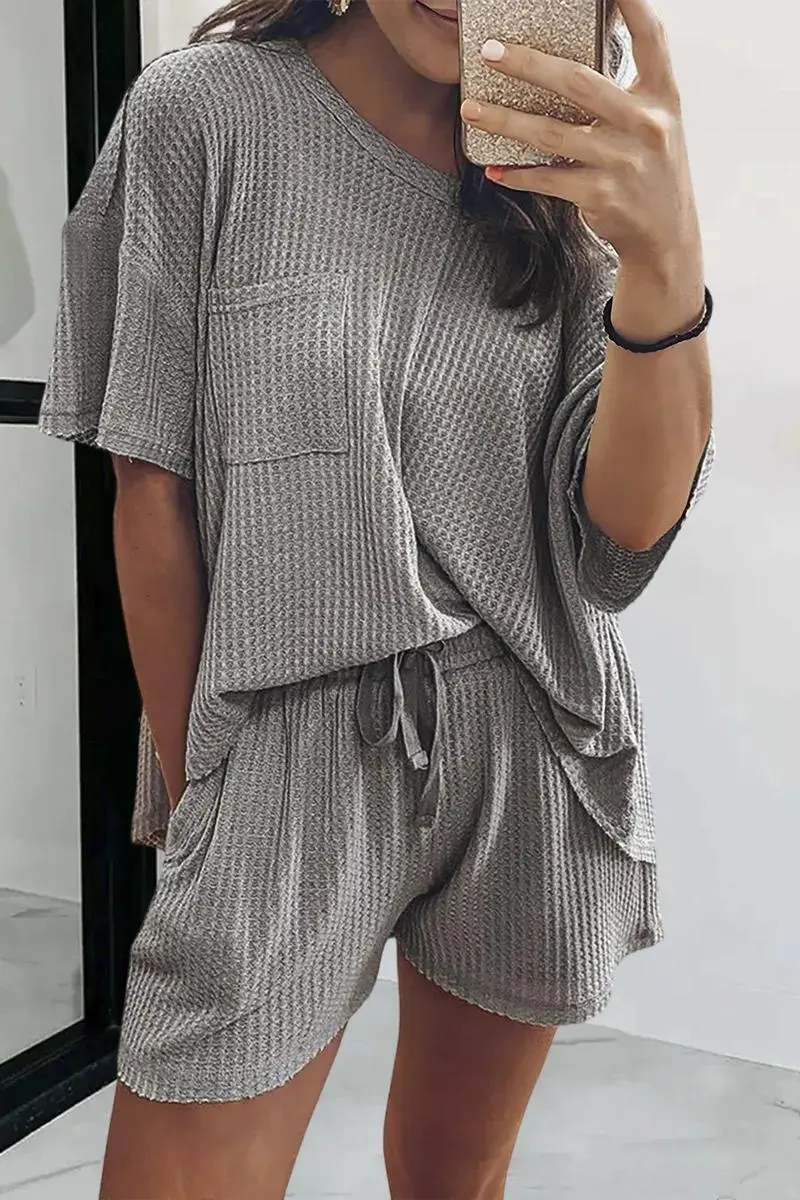 Waffle Knit Patch Pocket T-Shirt & Drawstring High Waist Mid Thigh Shorts Set