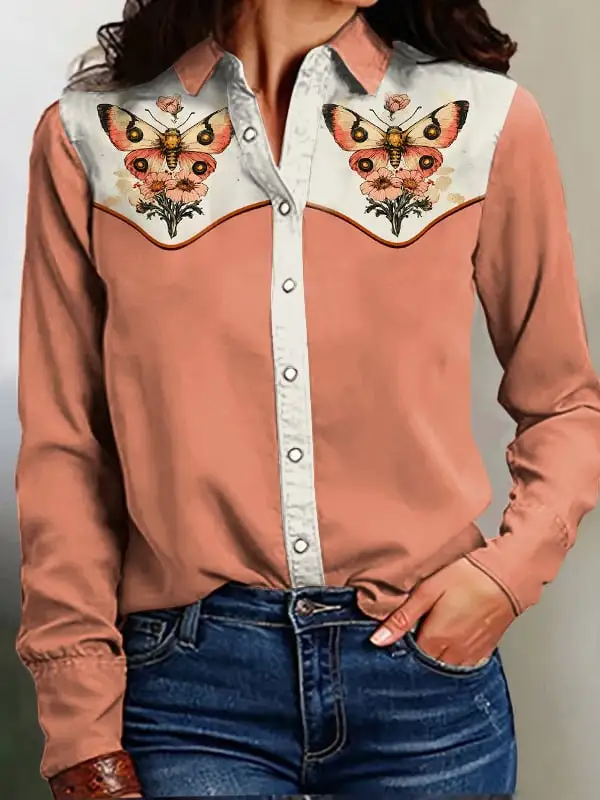 Women's Vintage Western Art Print Casual Linen Blouse