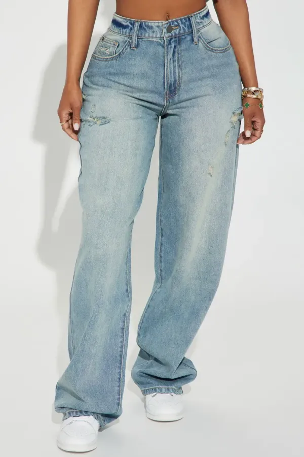 Call My Agent Non Stretch Baggy Jeans - Light Wash