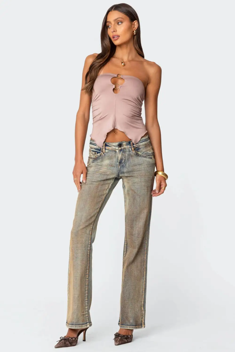 Ring Cut Out Asymmetric Strapless Top