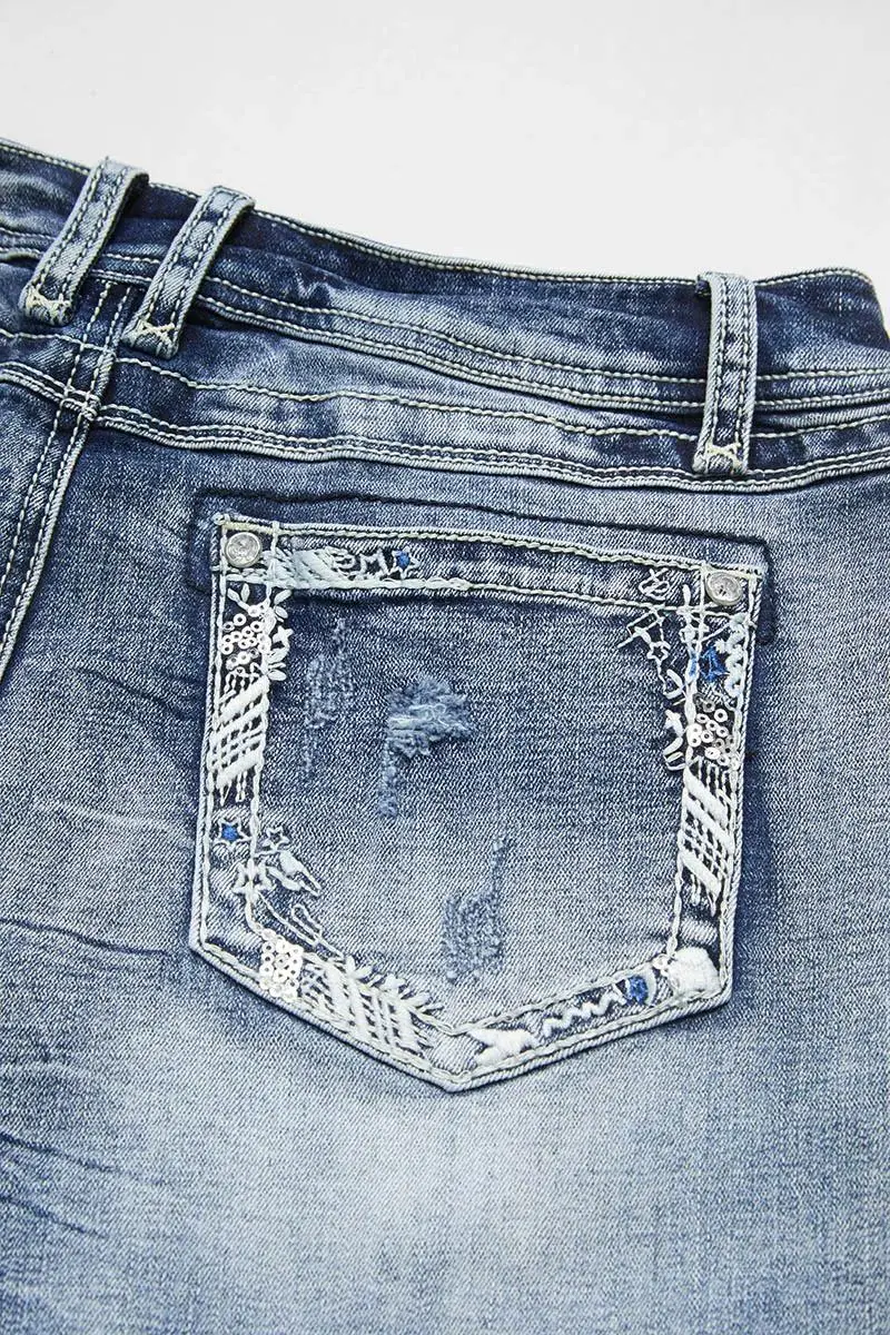 Ripped Raw Hem Mid Waist Denim Mid Thigh Shorts