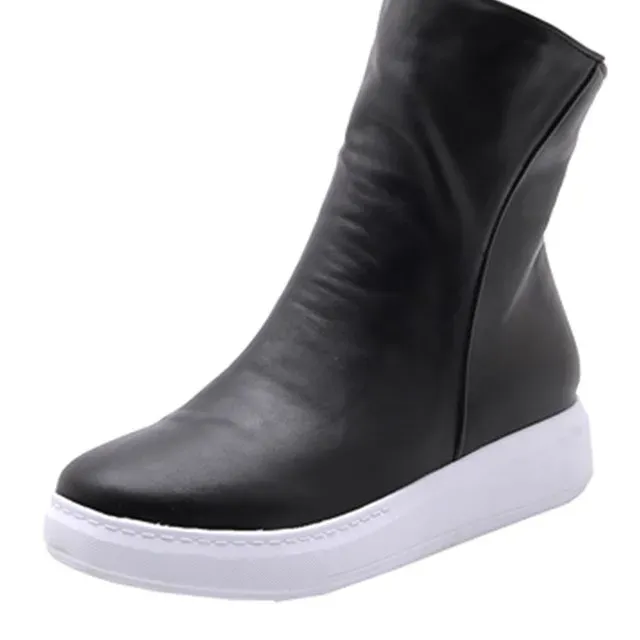 Women’s PU Ankle Boots – Round Toe, Zipper, Flat Casual Autumn Shoes