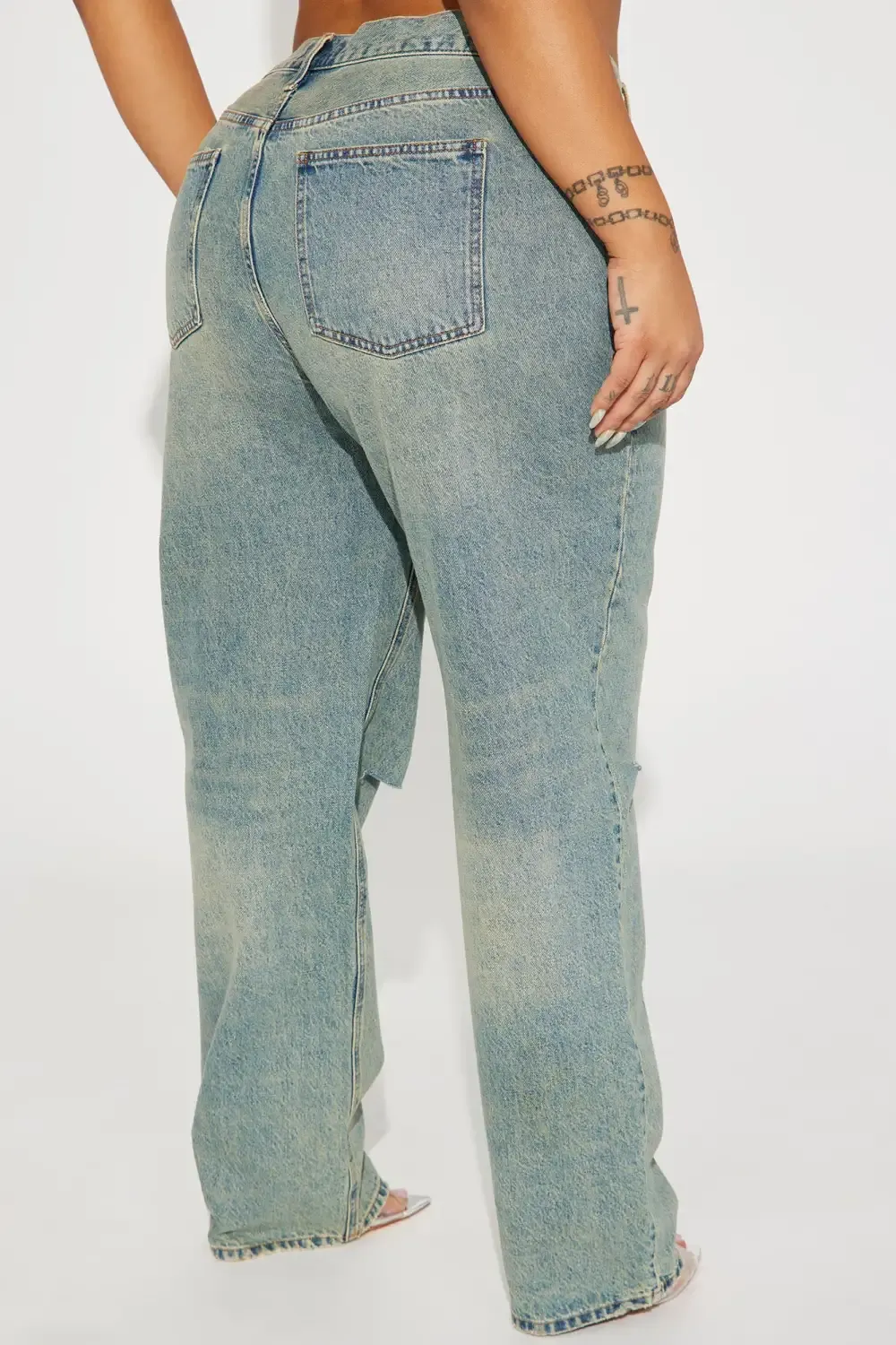 Crossover Tinted Ripped Straight Leg Jeans - Vintage Wash