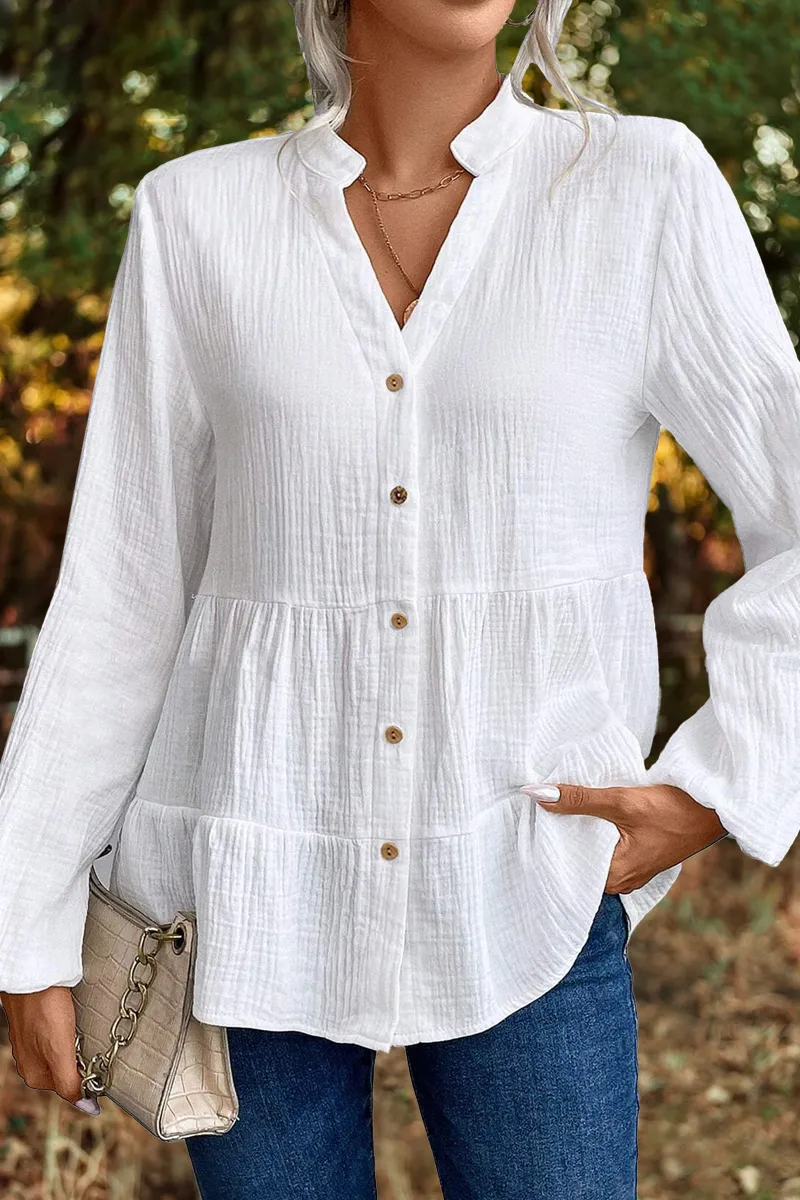 Solid Button Front Textured Ruffle Hem Shirt