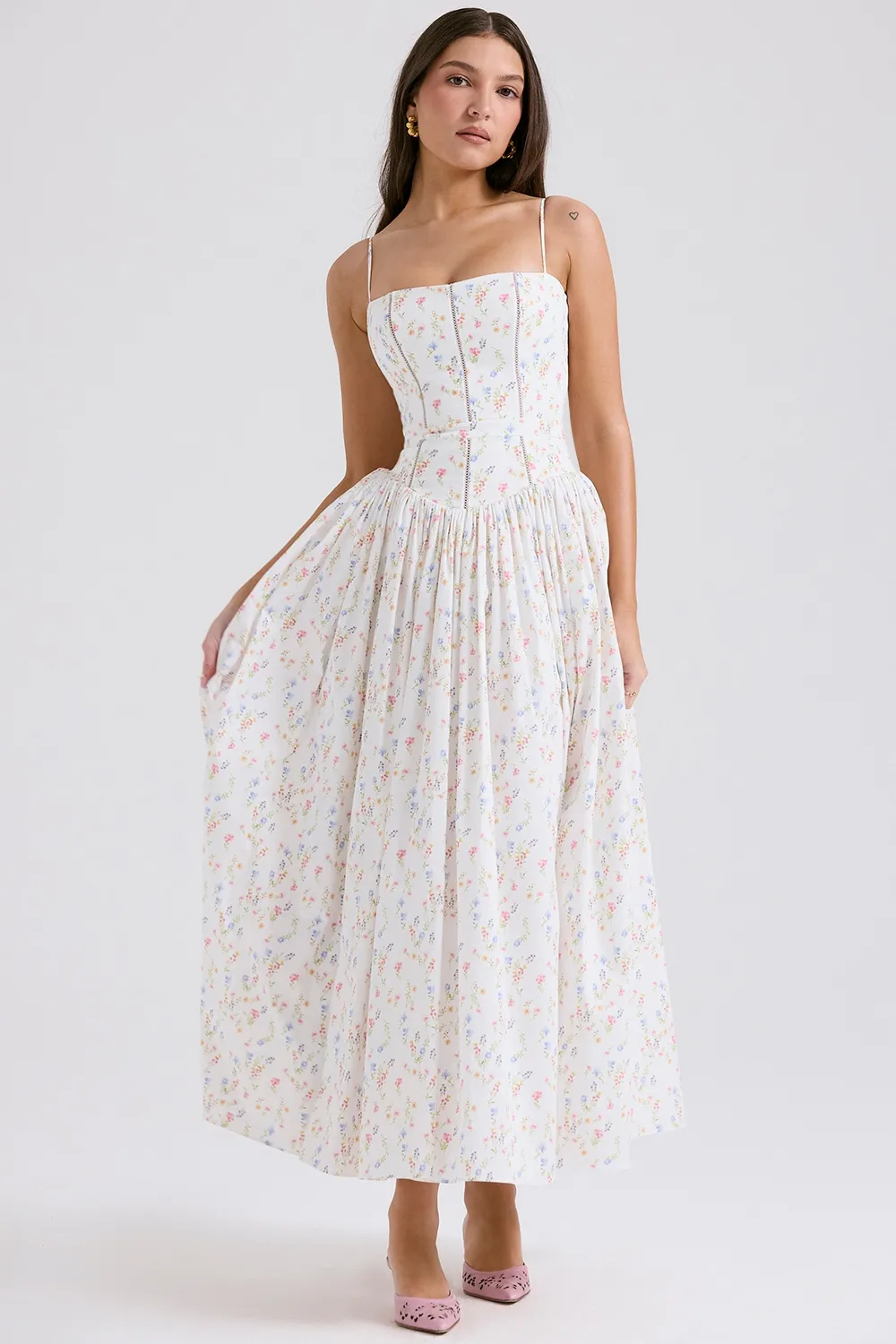 Blue Daisy Print Stretch Cotton Midi Sundress