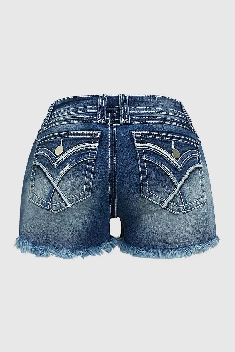 Stitch Flap Pocket Raw Hem Mid Rise Denim Shorts