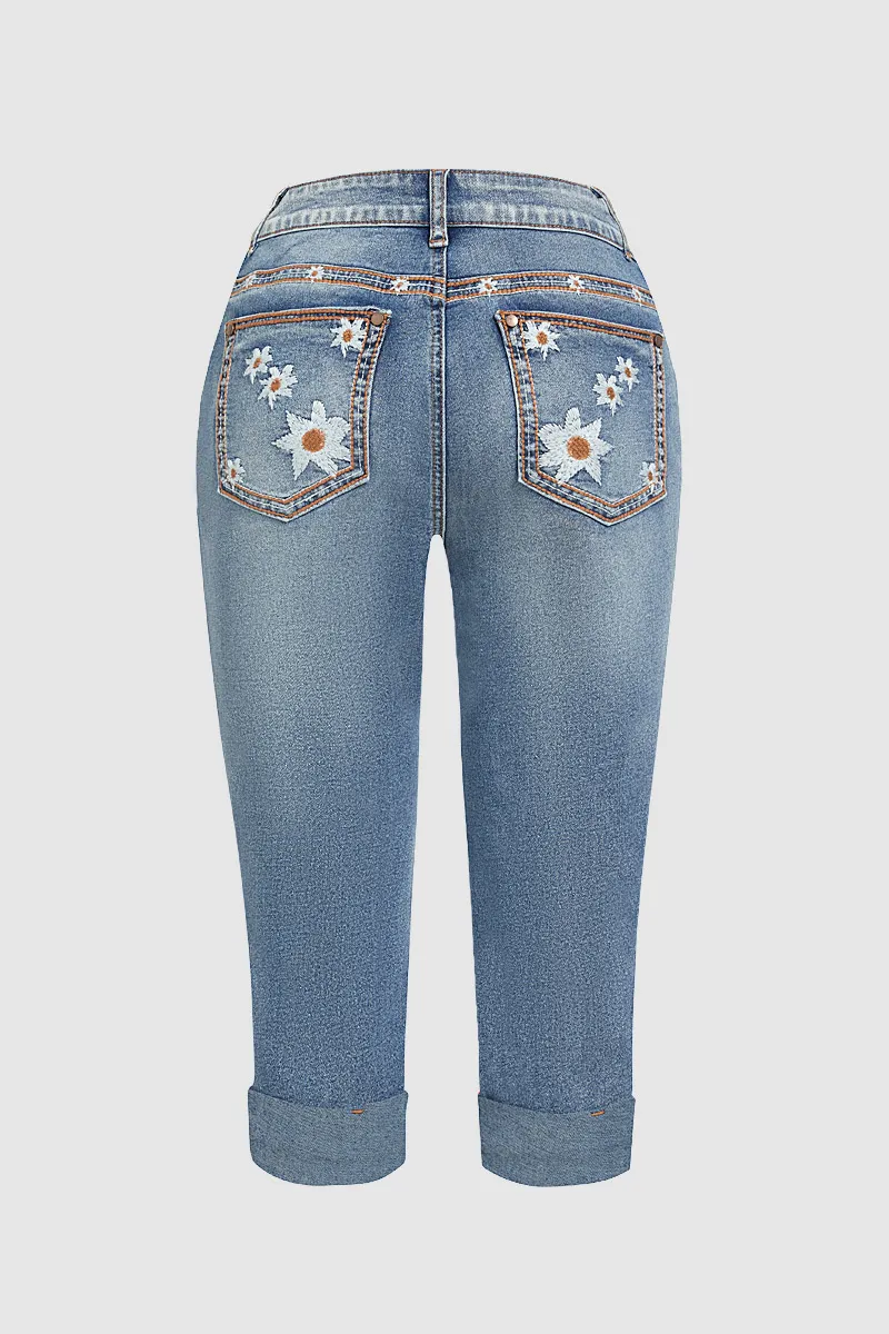 Floral Embroidered Button Fly Mid Rise Capri Jeans
