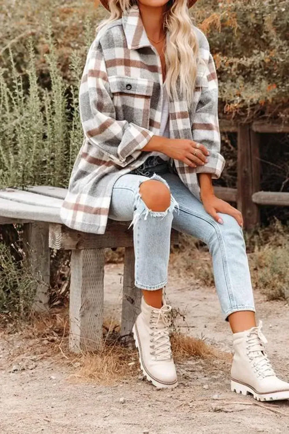 Womens Casual Plaid Shackets Brushed Flannel Button Down Shirt Jacket Coats with Side Pockets