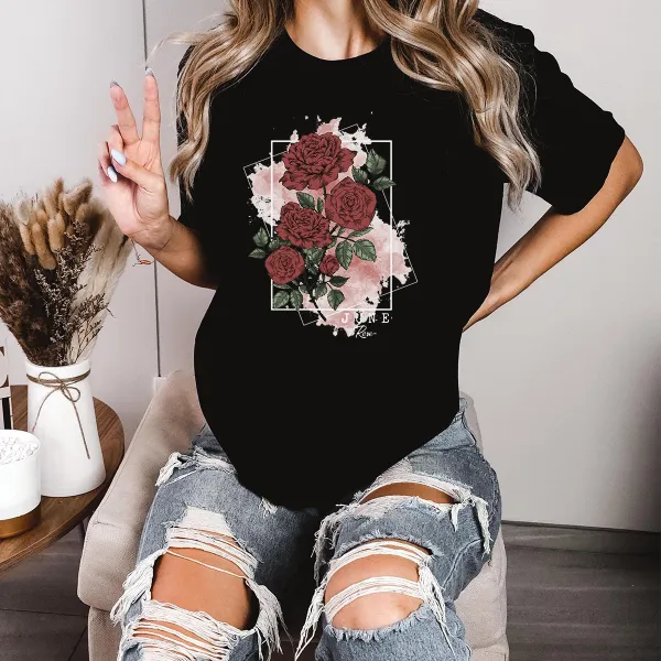 “June”, “Flor”, A Floral Pattern With Deep Red Roses And Green Leaves On A Light Pink Watercolor Background Framed By A Black Square, Casual T-Shirt