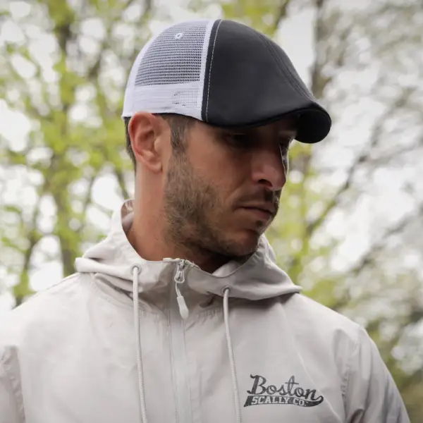 The Mesh Trucker Boston Scally Cap - Black with White