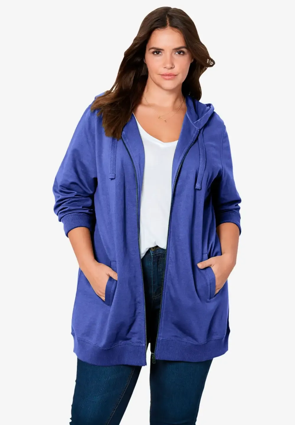 French Terry Long Zip Front Hoodie