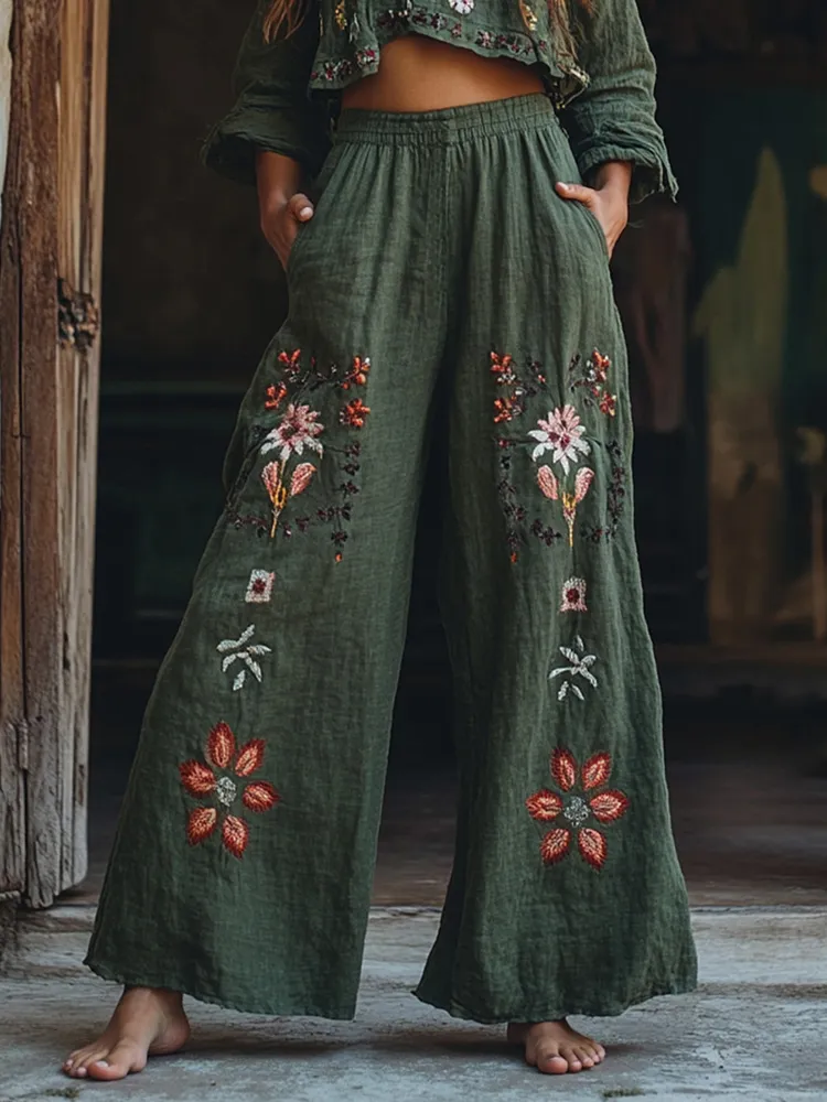 Women's Retro Linen Boho Floral Art Long Loose Wide-leg Trouser Pants