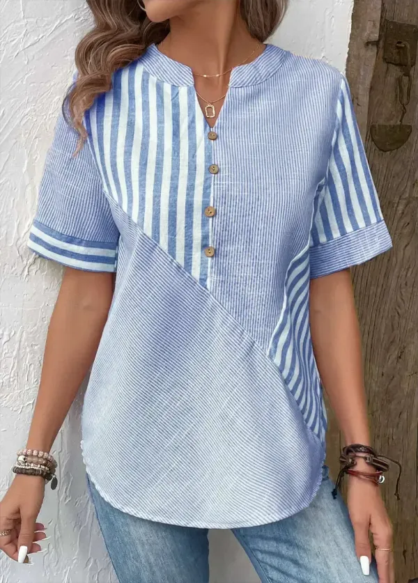 Light Blue Patchwork Striped Short Sleeve Split Neck Blouse