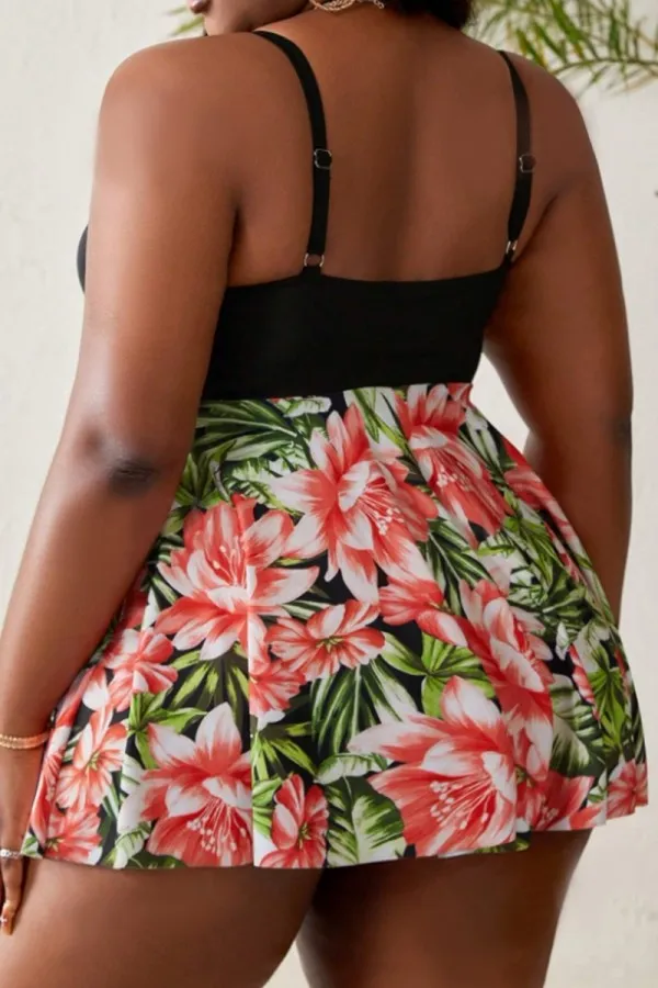 Plus Size Contrast Floral Print Style Swimdress