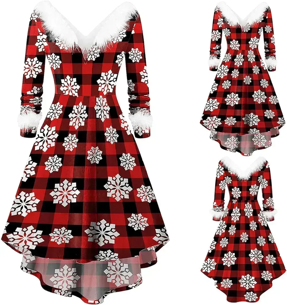 Womens Christmas Dress Fuzzy Mrs Claus Christmas Holiday Xmas Cocktail Holiday Party Flare Dress