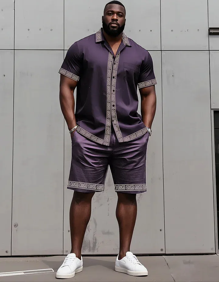 Big Man'S Retro Daily Casual Edge Color Block Printing Short Sleeve Shirt Shorts Suit