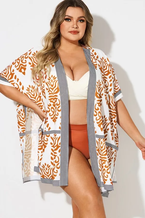 Loose Orange Print Batwing Sleeve Cover Up