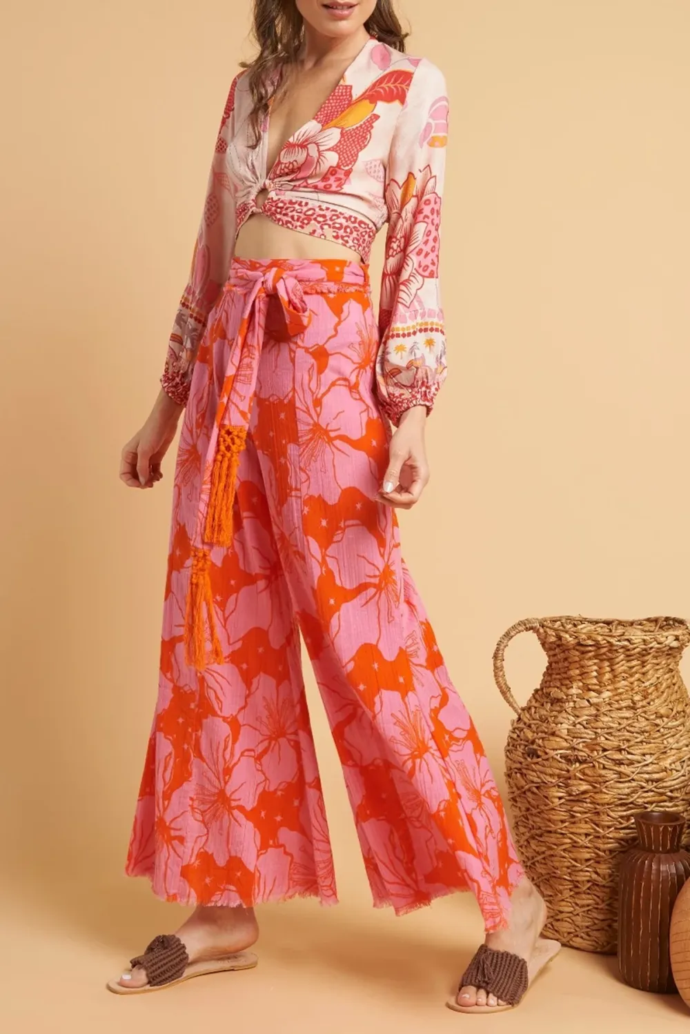 Pink And Orange Floral Print Wide Leg Pants