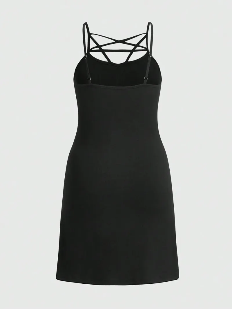 Goth Plus Size Women's Strappy Solid Sundress, Summer Vocation Daily