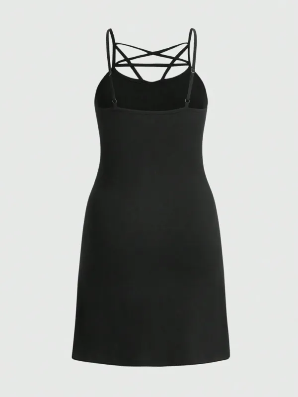 Goth Plus Size Women's Strappy Solid Sundress, Summer Vocation Daily