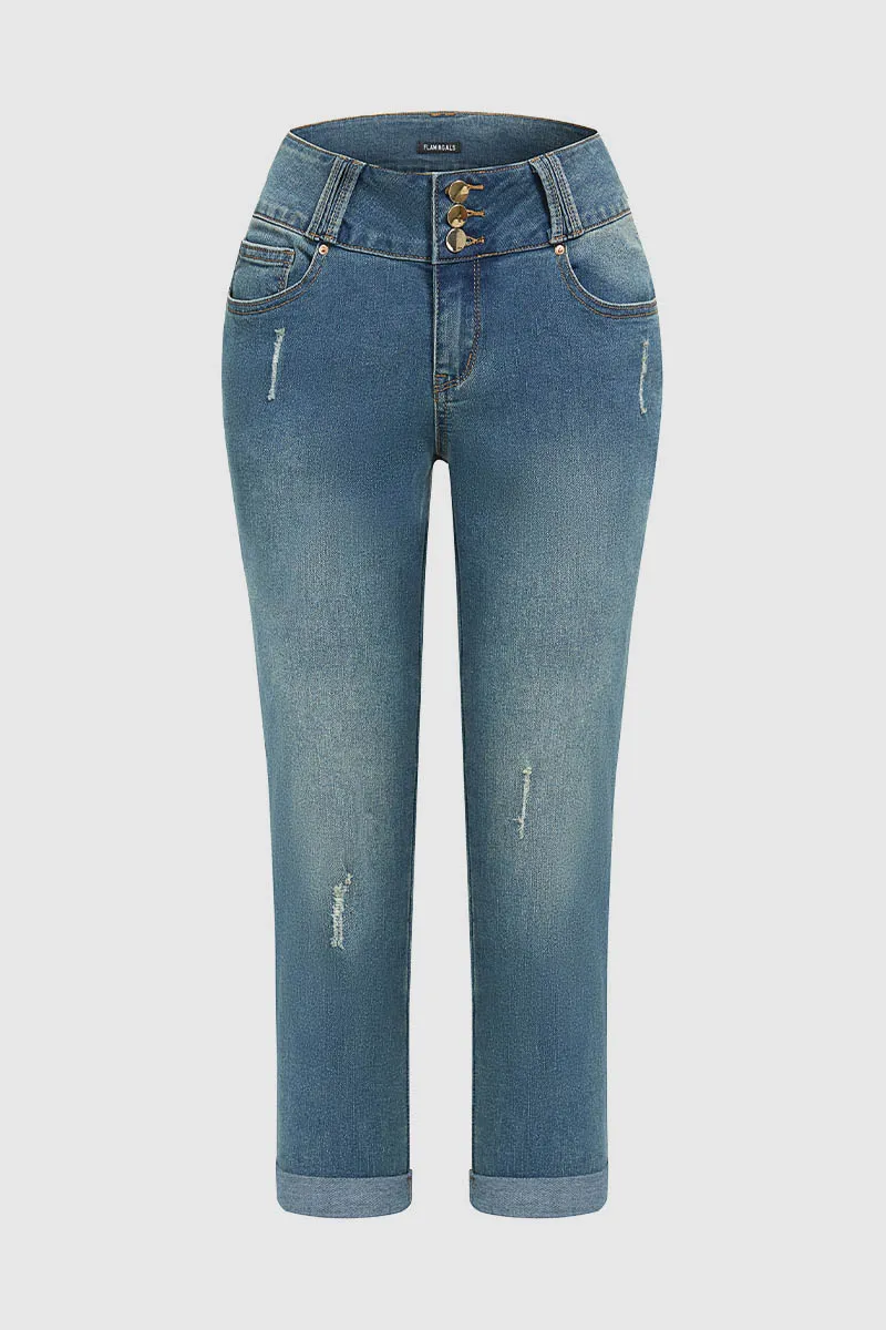 Button Up Roll Hem Mid Rise Capri Jeans