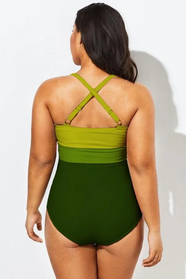 Plus Size Yellow Green Contrast Twist Front Skinny One Piece Swimsuit