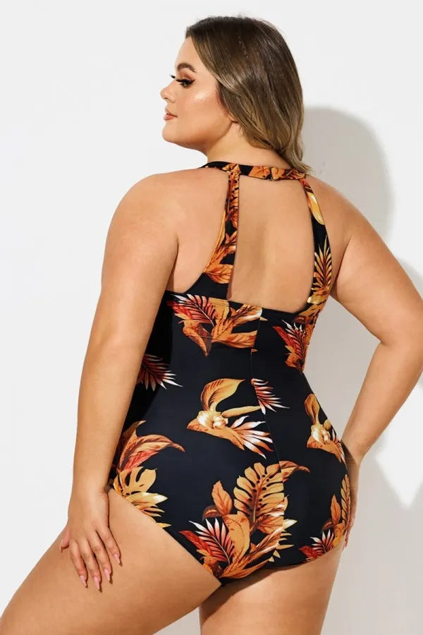 Leaf Print H-Back Sarong Front One Piece Swimsuit