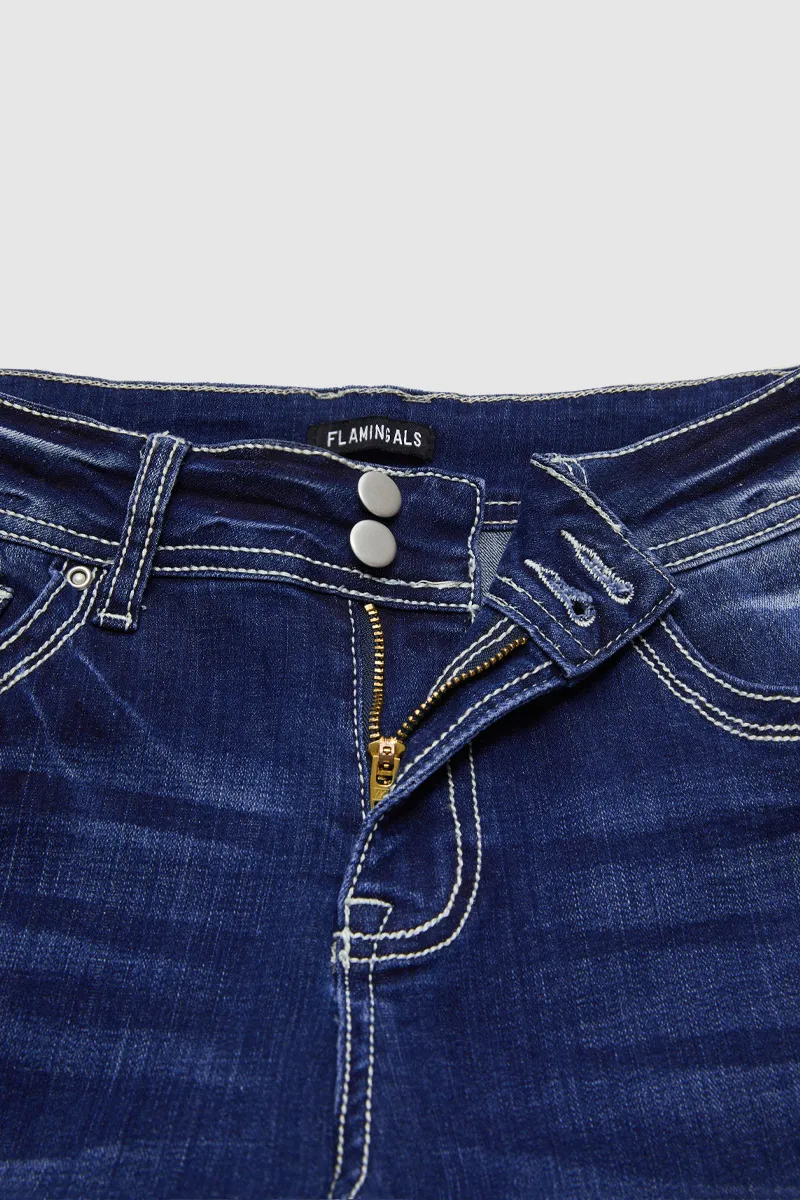 Raw Hem Double Button Mid Waist Straight Leg Jeans