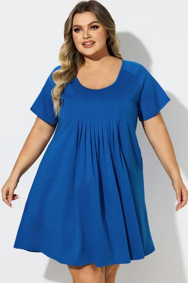 Blue Round Neck Box-Pleat Cover Up